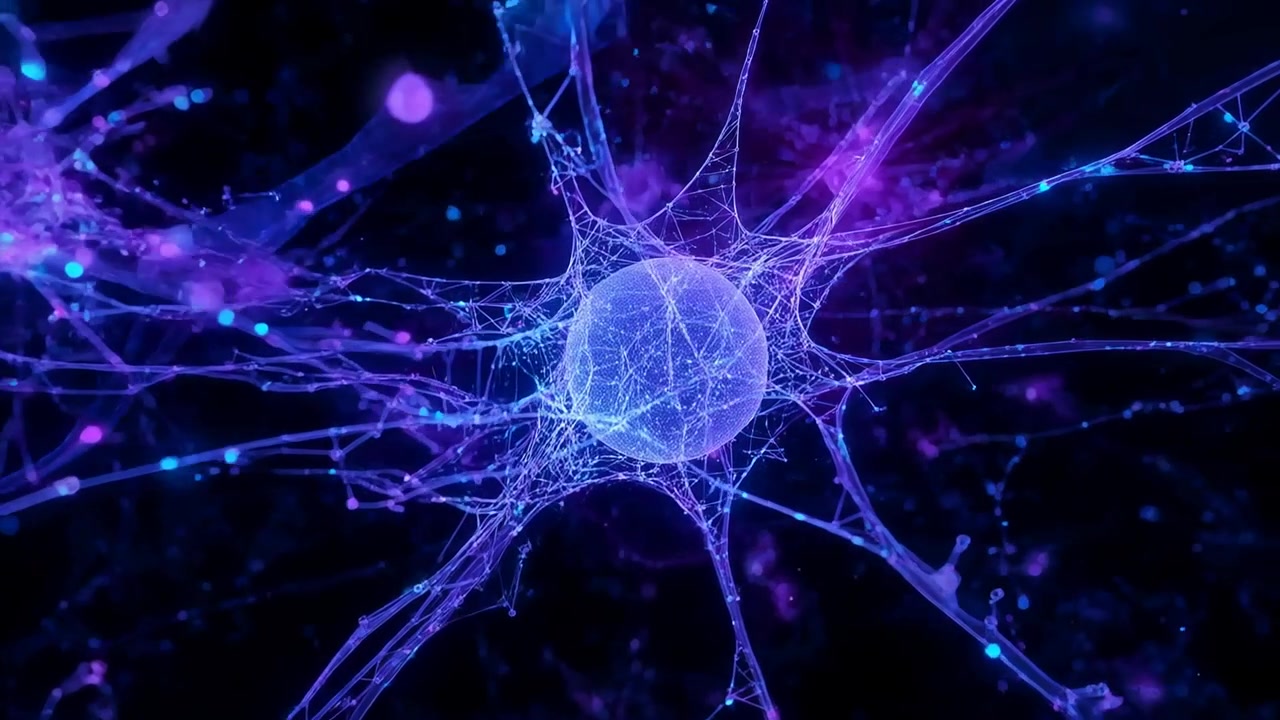 Zooming camera closer at micro scale, neuron soma pulsing, particles traveling along filaments