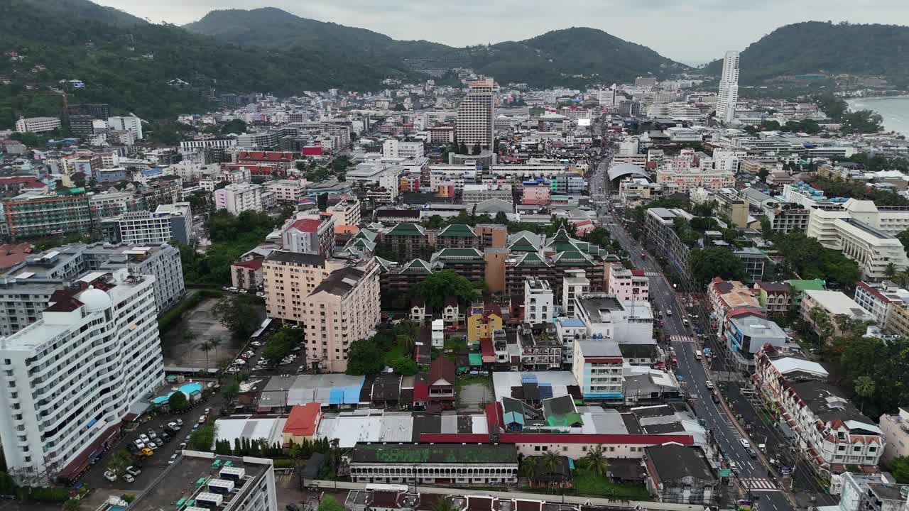 Drone aerial birds eye view patong walking street bangla road phuket town thailand coast city beach