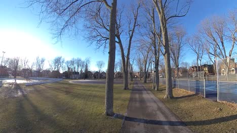 Caminar-En-Un-Parque-De-La-Ciudad-En-Un-Día-Soleado,-Con-Cardán