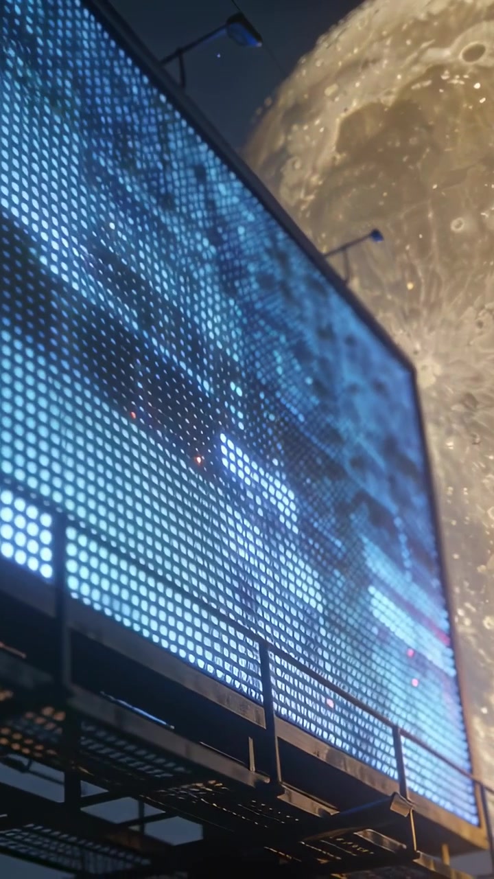 Video verticale: Telecamera che si inclina rivelando un cartellone LED con griglia e supporto lampeggianti di notte con la luna