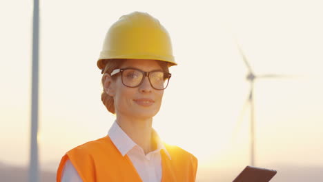 caucasian female engineer in helmet and uniform using tablet at wind station of renewable energy, then she smiles at the camera