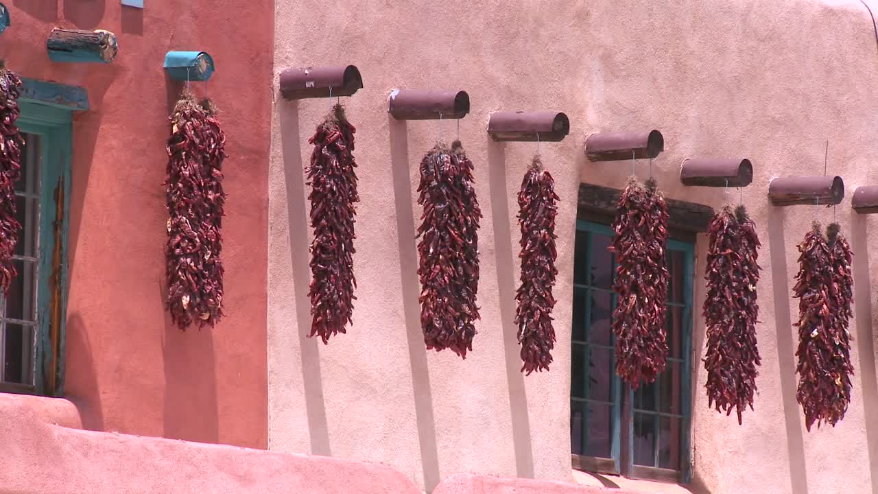 새로운 멕시코 건물 밖에 걸려있는 칠리 페퍼