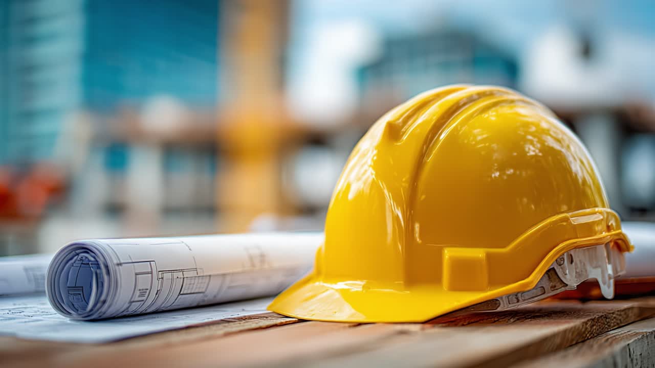 A Detailed Look at Construction Planning: A Yellow Hard Hat Nestled Among Blueprints Symbolizing Safety and Engineering in a Dynamic Work Environment