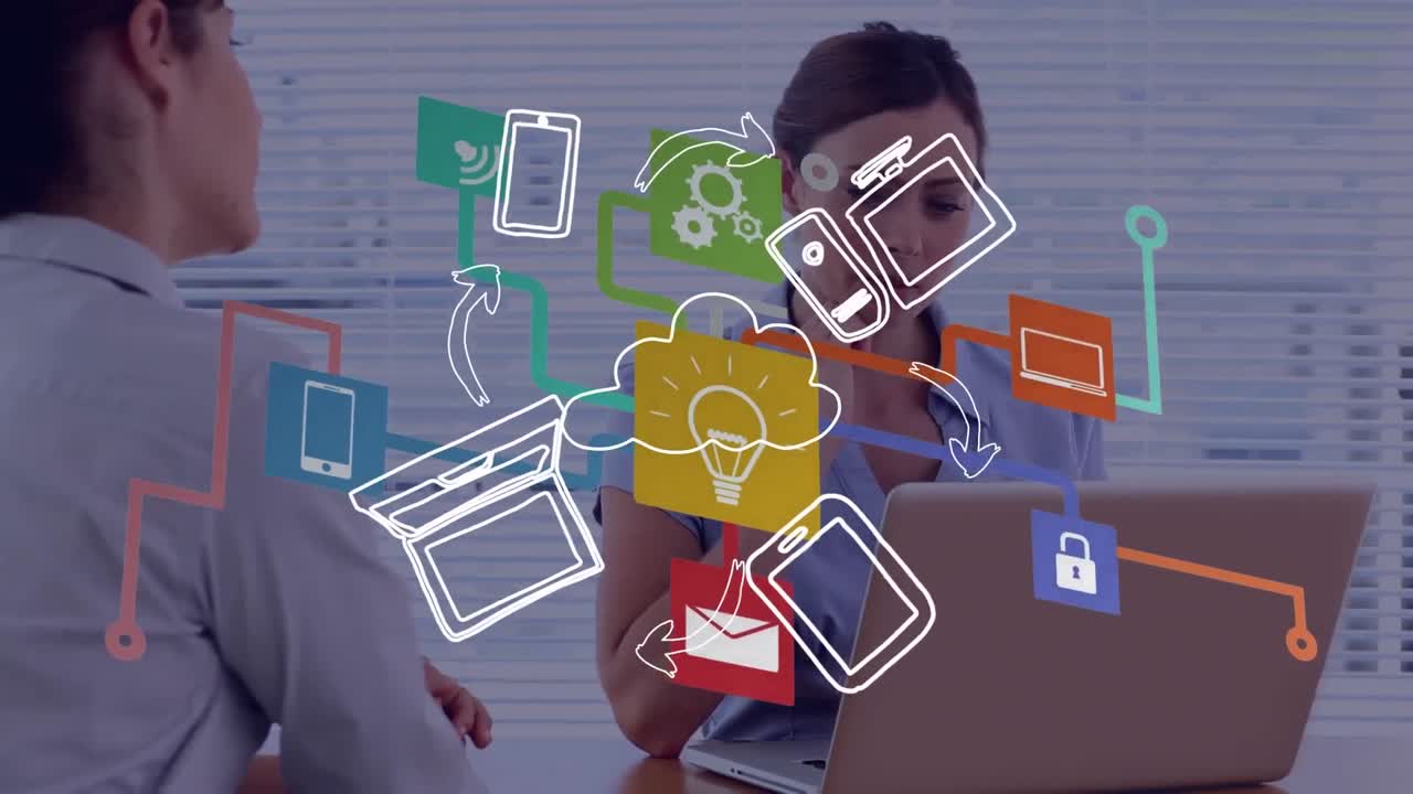 animación de la red de conexiones con iconos sobre diversas personas de negocios en la oficina