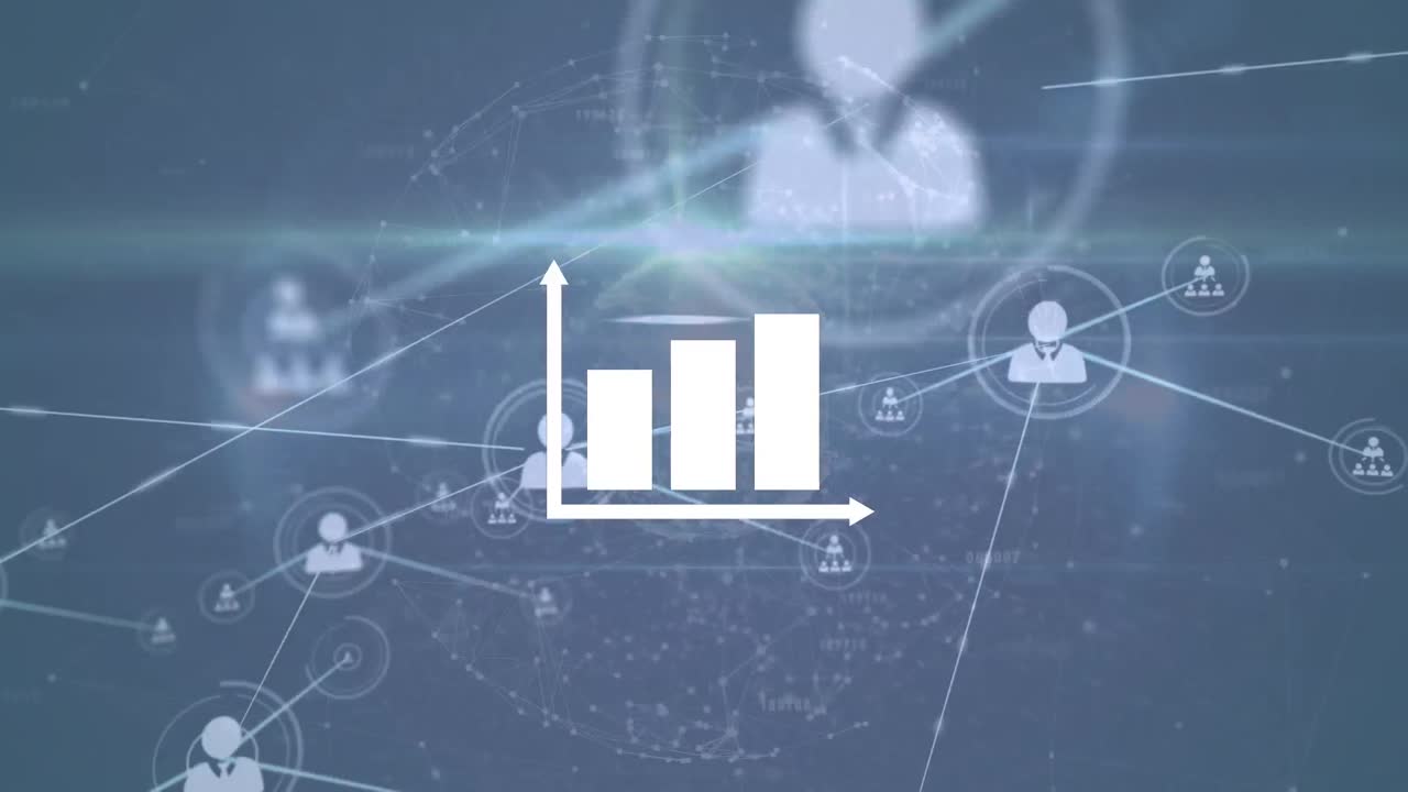 animación de la red de conexiones con iconos y triángulos sobre fondo azul oscuro