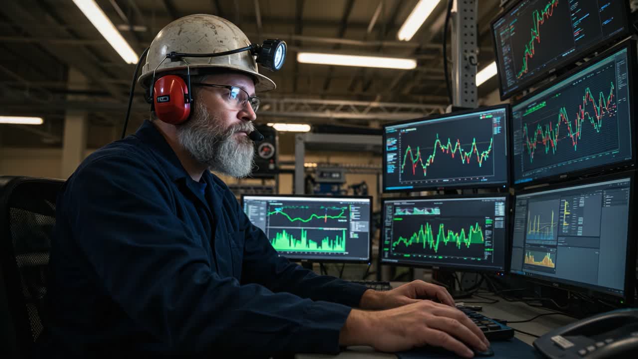 Miner Analyzing Data on Multiple Screens: A Focused Professional Utilizing Technology in the Mining Industry for Real-Time Monitoring and Decision Making