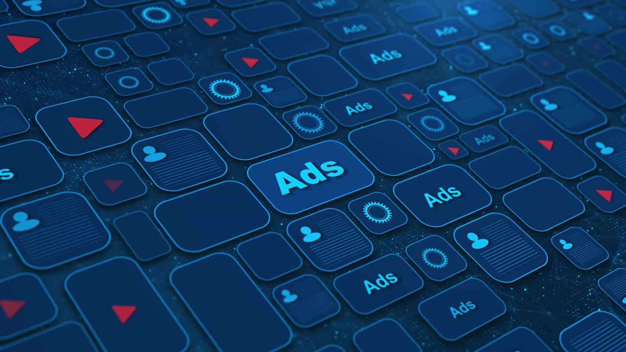 Mano umana clicca su annunci di una rete pubblicitaria digitale a griglia e icone di profili utente, in un contesto di adtech e targeting