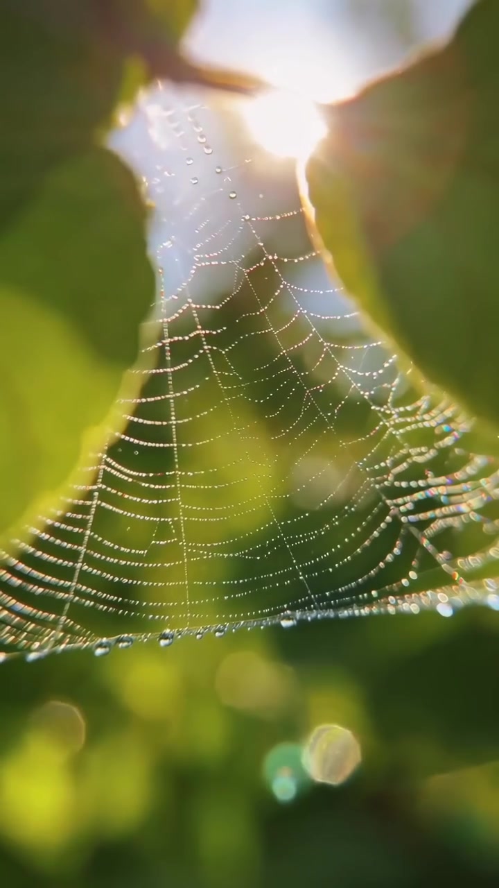 Scatti macro della natura: foglie, gocce di rugiada, coccinella e ragnatela