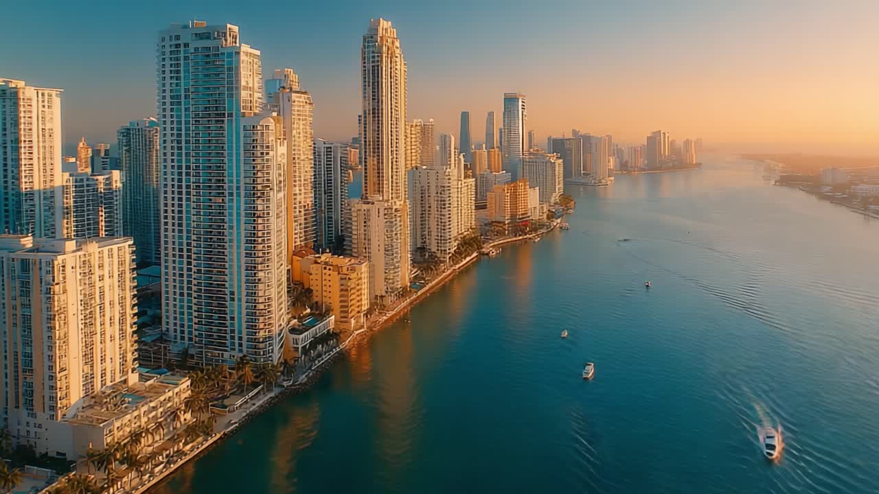 Tramonto sereno su un lungomare urbano: una vista accattivante dei riflessi dello skyline sull'acqua, illuminata dal bagliore dorato del crepuscolo