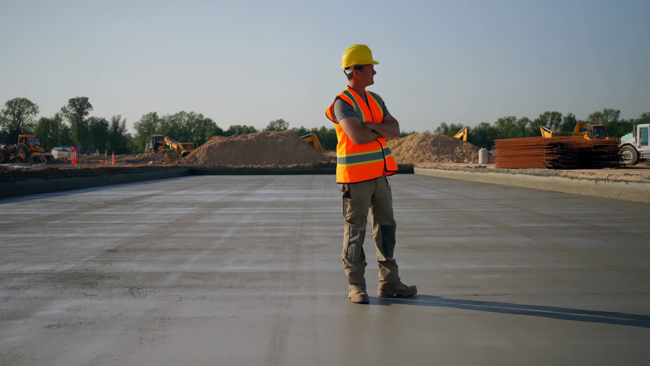 Construction worker on a concrete slab at a construction site