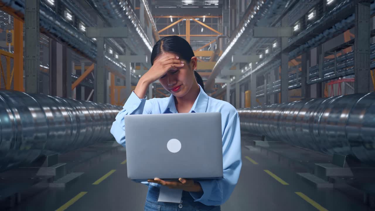 Woman experiencing workplace stress in an industrial facility
