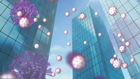 Animation-of-virus-cells-floating-over-skyscrapers