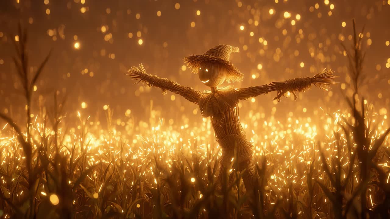 A mesmerizing depiction of a straw scarecrow amidst a shimmering field, glowing with enchanting golden sparks, encapsulating the essence of magic in nature's embrace