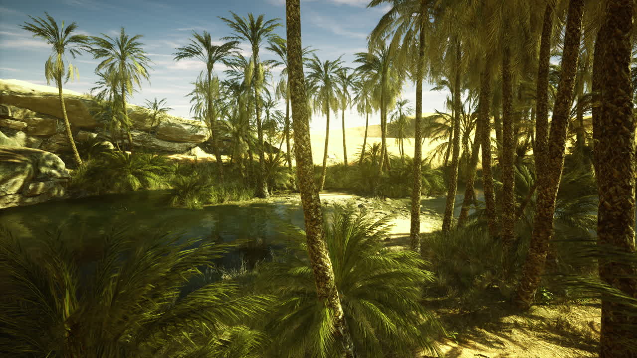 Lush oasis in a desert landscape with palm trees and tranquil waters