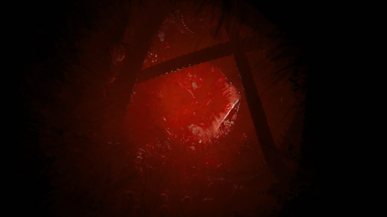 Dark and intense visual depicting an abstract red landscape in shadow