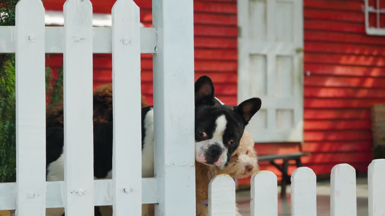bulldog francés tomar el deporte de los caniches de juguete perros por la valla de madera blanca en un patio fuera de la casa roja