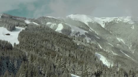 Ski-Slopes-in-Austrian-Alps-Mountains,-Aerial-Drone-Establisher