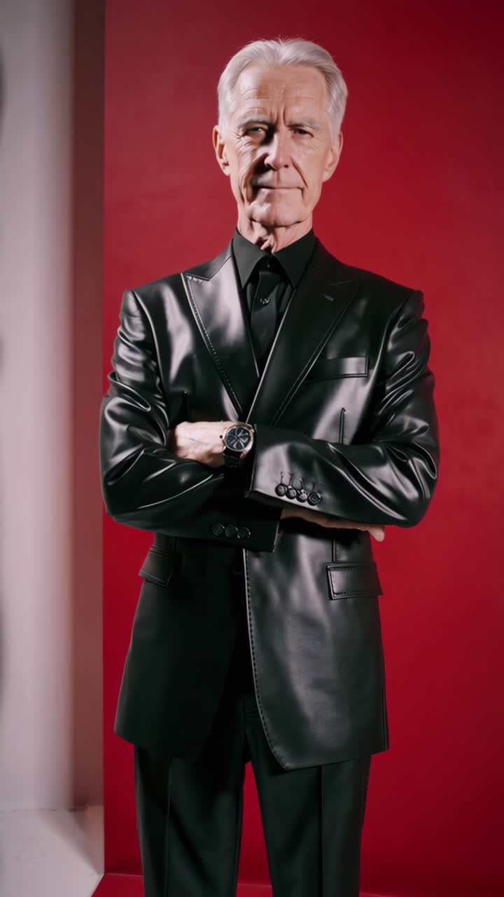 Stylish Senior Man in Black Leather Suit with Detailed Views of the Fabric