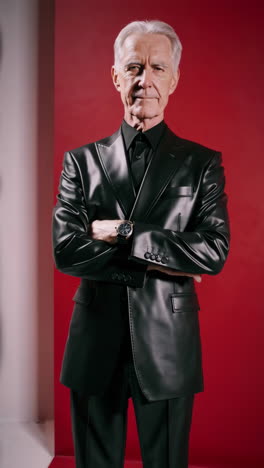 stylish senior man in black leather suit with detailed views of the fabric