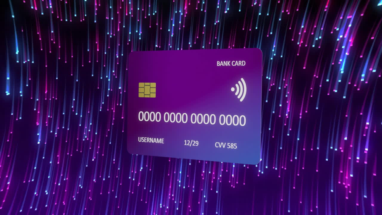 animación de tarjeta de crédito sobre rastros de luz en fondo negro