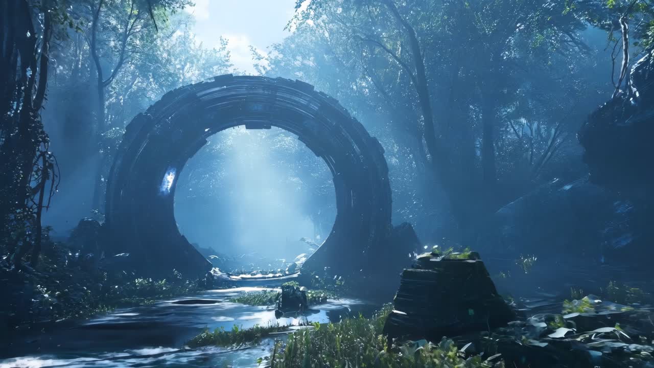 A tunnel in the middle of a forest with a light at the end of it