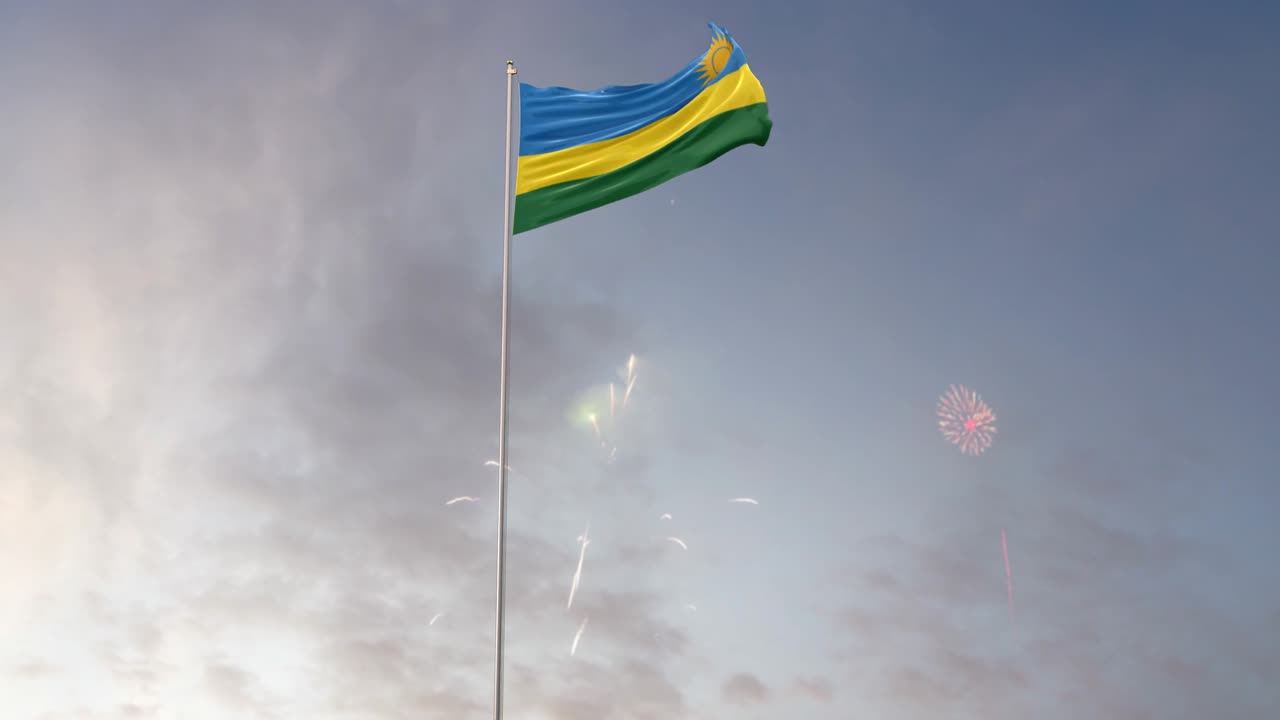 bandera de ruanda con fuegos artificiales en el fondo