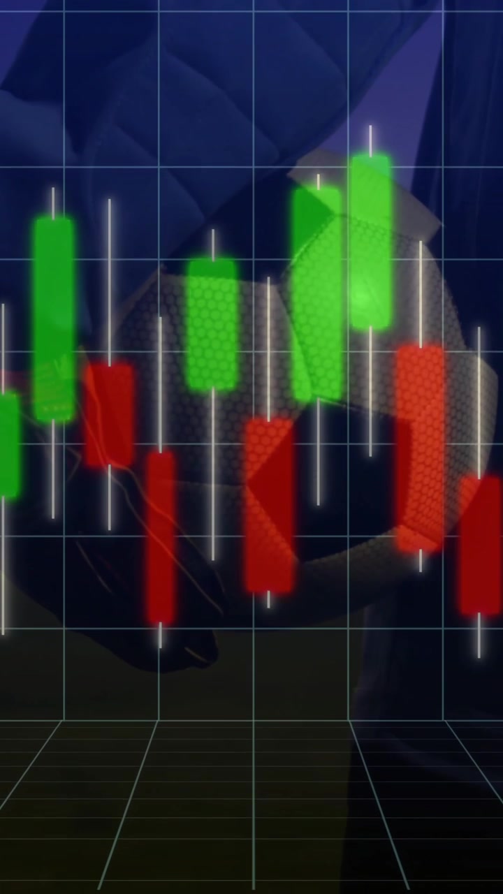 Business professionals shaking hands, stock market candlestick chart overlaying animation