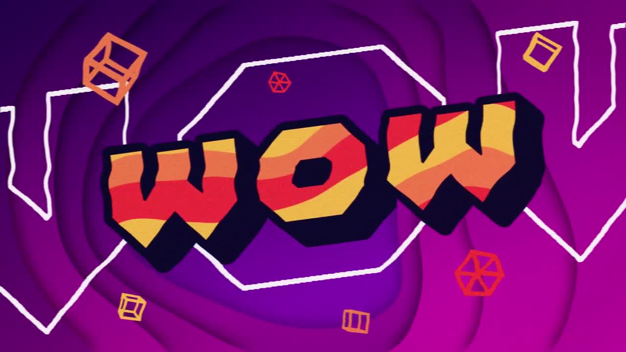 보라색 배경의 모양 위에 와우 텍스트의 애니메이션