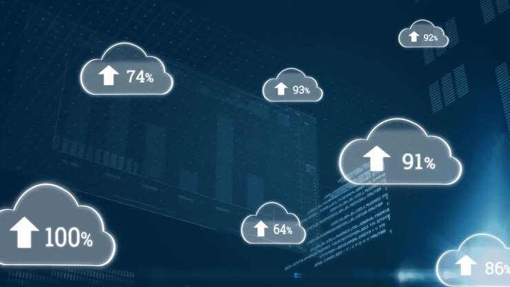 Animation of cloud icons and data processing over dark background