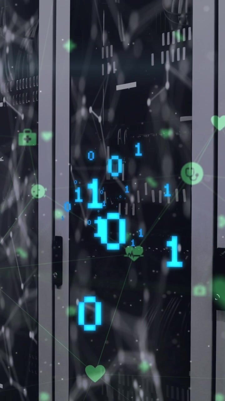 Animation af binær kodning over et netværk af forbindelser og digitale ikoner mod et serverrum