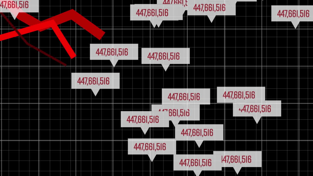 Red graphs and numbers moving against black background