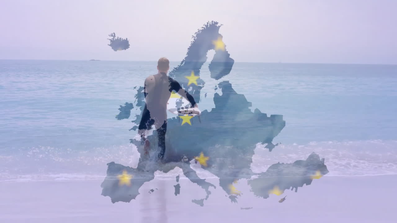 man standing on beach holding surfboard, displaying Europe map overlay with yellow stars for tech