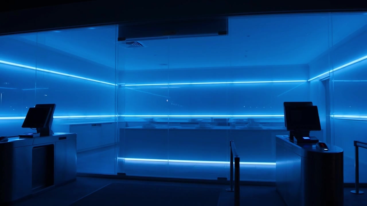 Interno moderno vuoto con luci al neon blu di notte