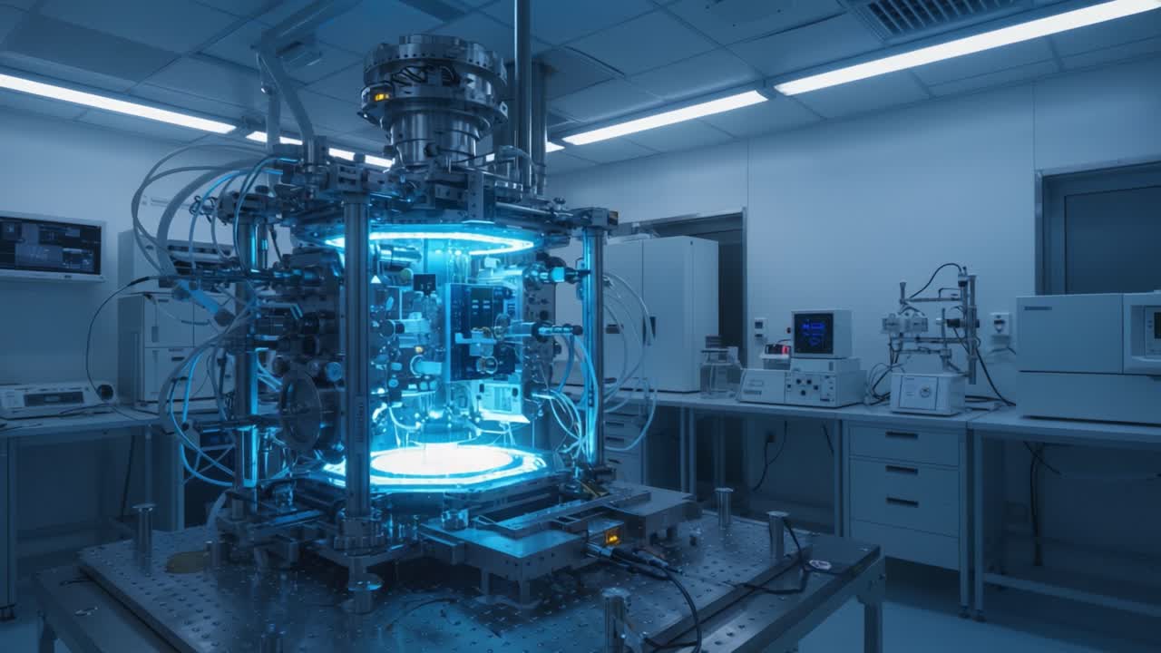 A high-tech laboratory featuring an advanced scientific apparatus illuminated by blue light, showcasing intricate machinery and a clean, modern workspace in atmospheric conditions