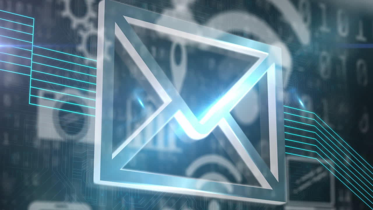 animación de un icono de sobre sobre múltiples íconos y números tecnológicos