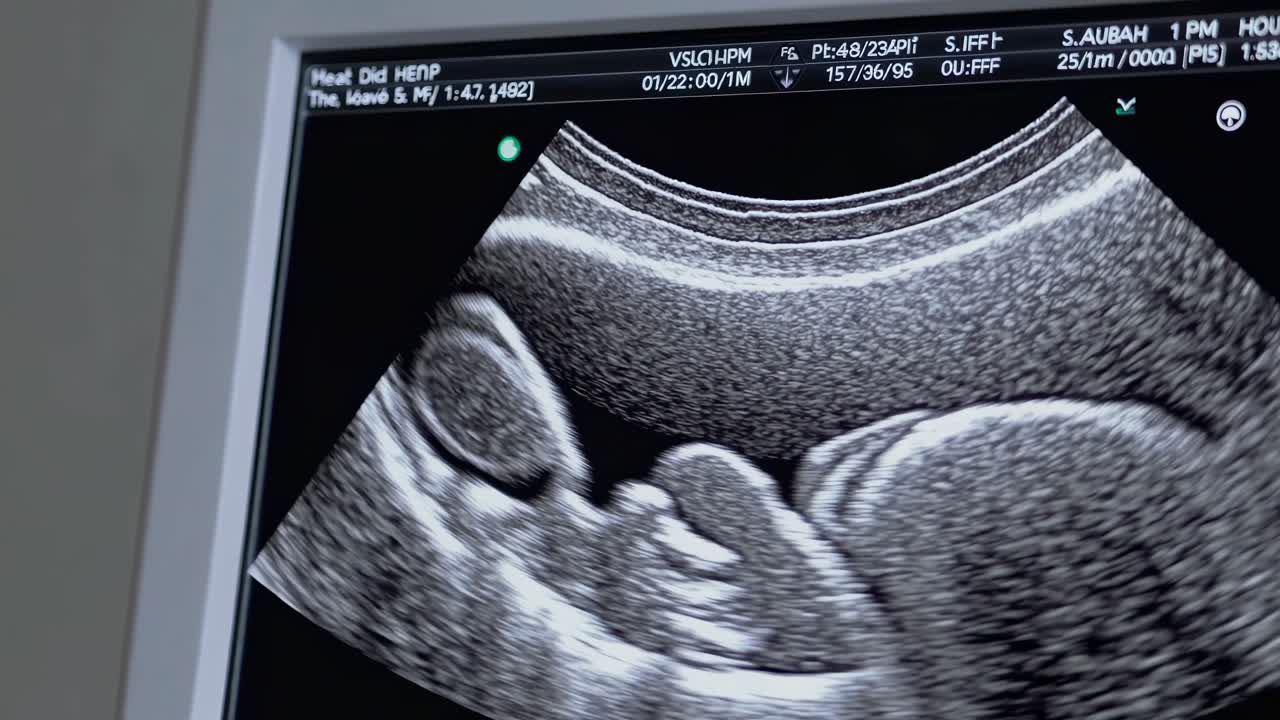 Primo piano di un monitor per ecografie che mostra un feto. Il video riprende una visuale laterale