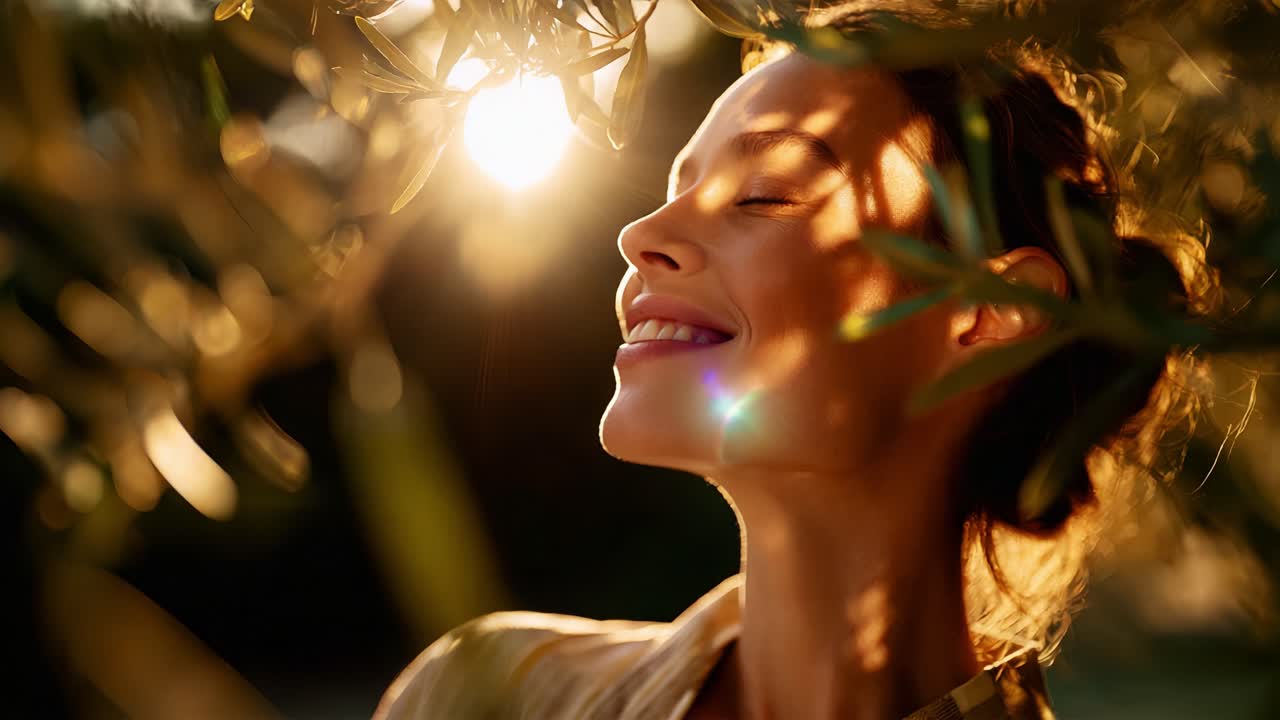 A sunlit moment captured in nature, showcasing a woman's serene expression as she stands amidst olive branches, bathed in warm light, embodying tranquility and joy