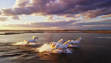 white horses galloping through water at sunset