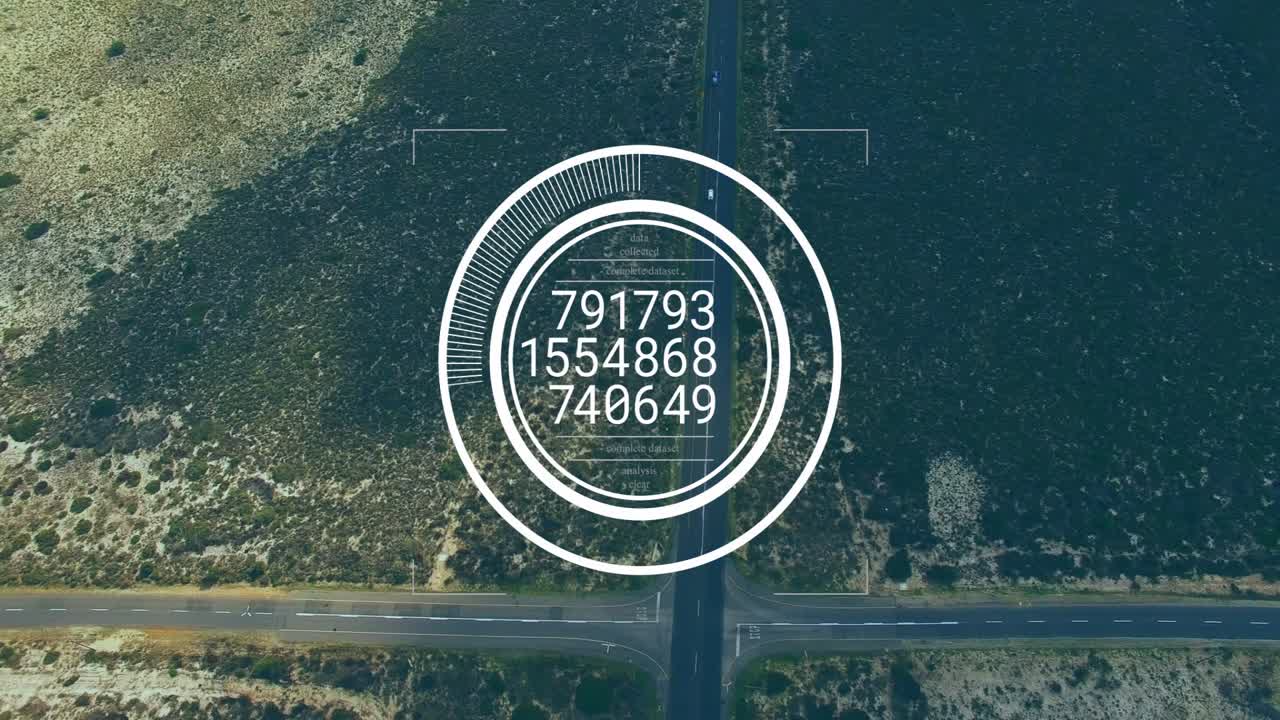 HUD overlay popping over crossroads, spinning rings cycling data, tracking transport, clearing