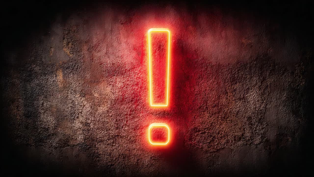 A striking bright red exclamation mark glowing against a textured dark wall, drawing attention and conveying urgency, warning viewers with its vivid display