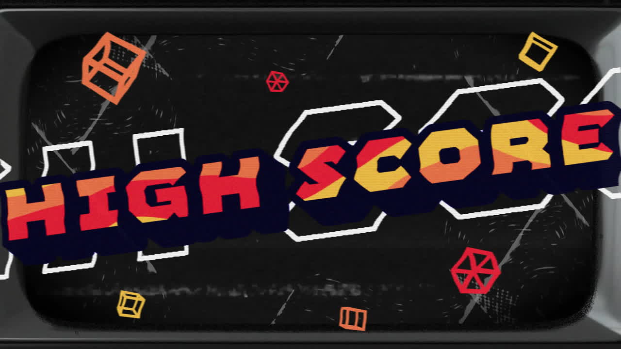 High score text animation over geometric shapes on dark background