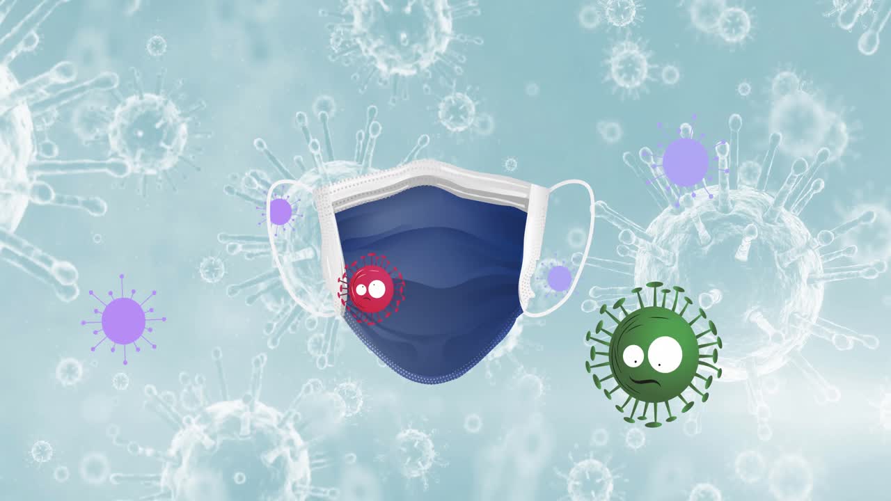 animación de la máscara facial sobre las células del virus covid 19 que se mueven