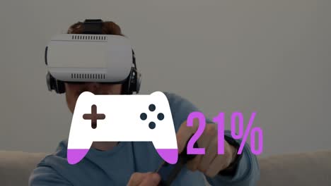 Das-Gamepad-Füllt-Sich-Rosa,-Während-Der-Prozentsatz-Steigt-Und-Der-Mann-Mit-Einer-VR-Brille-In-4K-Spielt