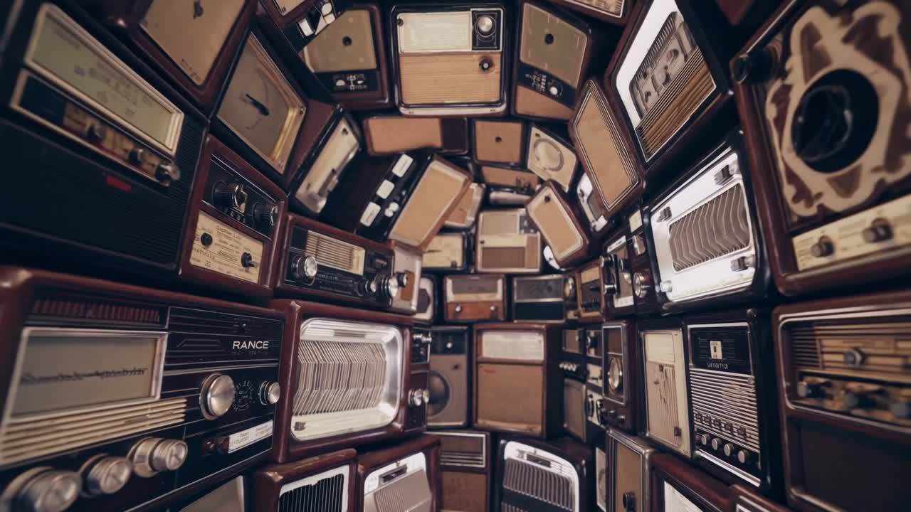 Vintage radios create a captivating tunnel effect, showcasing intricate designs and textures, inviting viewers into a nostalgic auditory journey through time and sound