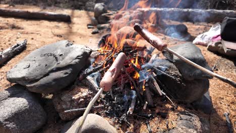 Zwei-Hot-Dogs-Rösten-über-Einem-Lodernden-Lagerfeuer,-Umgeben-Von-Großen-Felsen-Auf-Einer-Waldlichtung-An-Einem-Sonnigen-Tag