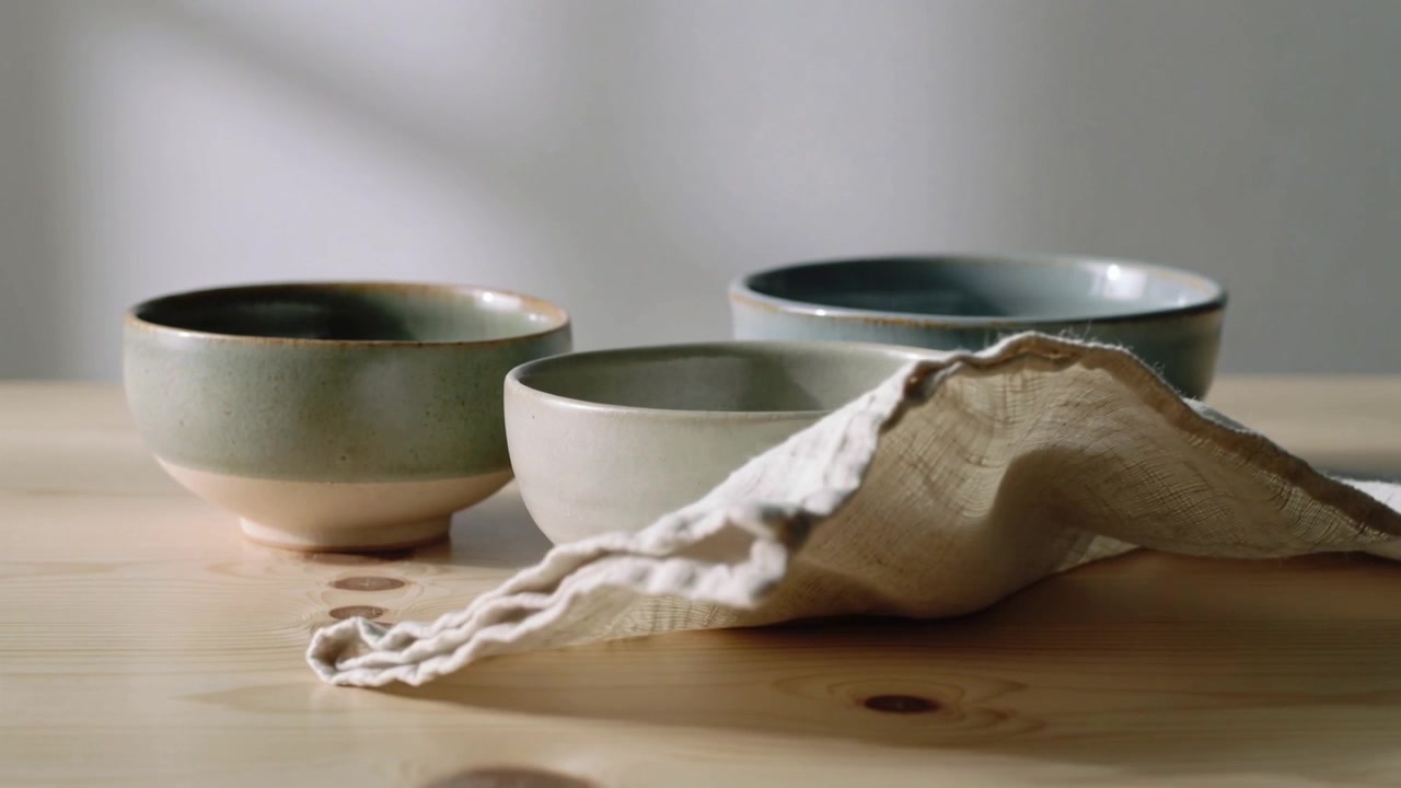 Gentle nudge sending linen napkin shifting across wood table, revealing three ceramic bowls