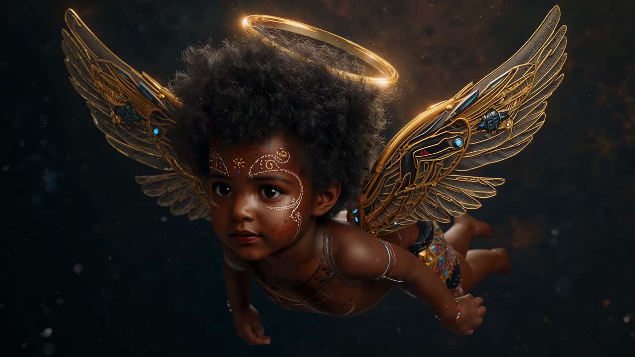 Floating child angel closing as frames moving in dark fog, showing halo, paint, gems, gold wings