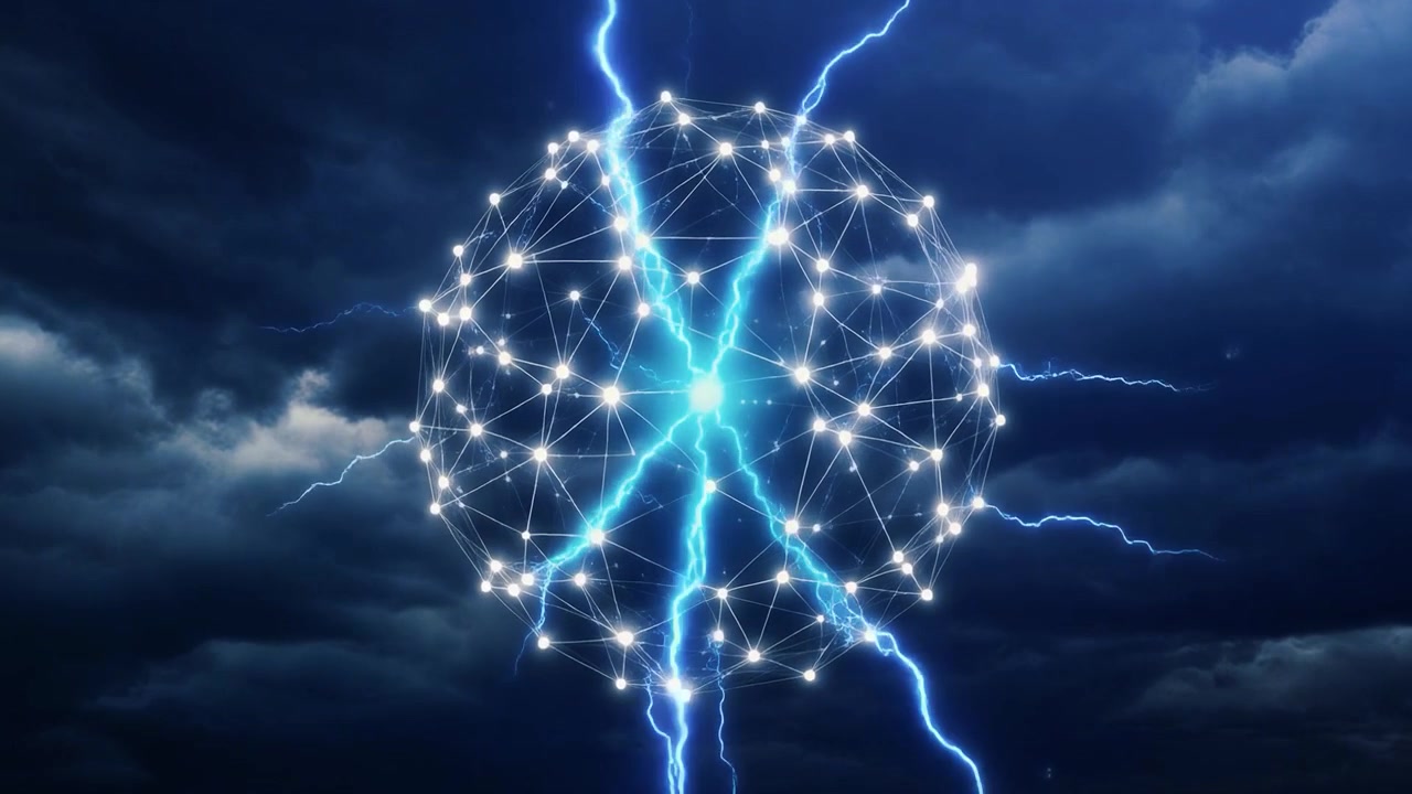Glødende digital netværkssfære med lyn på stormfuld himmel