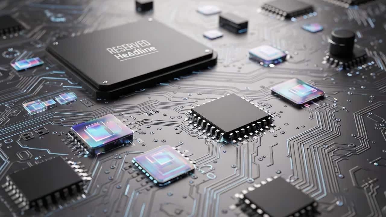 Close-Up of a Modern Circuit Board Featuring Diverse Microchips and Integrated Circuits, Showcasing Intricate Electronic Design and Technology Advancement
