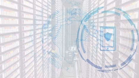 animation of globe and smartphone with digital shield over servers